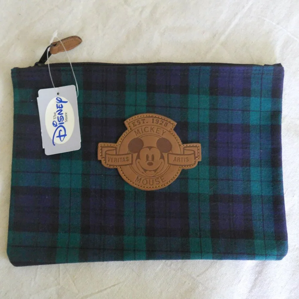 NWT Vintage Set of Two Mickey Mouse Plaid Cotton Zippered Pouch